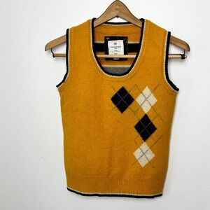 Heritage 1981 Mustard Yellow Purple Argyle Wool Blend Sweater Vest Womens Medium